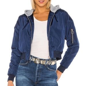 Superdown Dark Blue Cropped Hooded Bomber Jacket